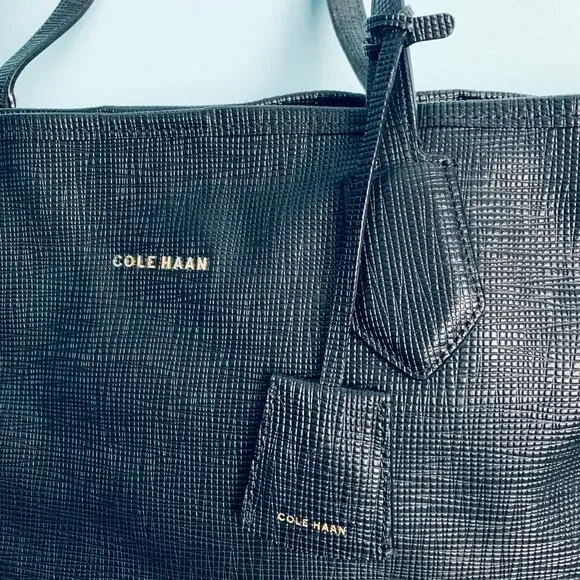 Cole Haan Black Cross Grain Leather Tote Purse - Picture 2 of 9